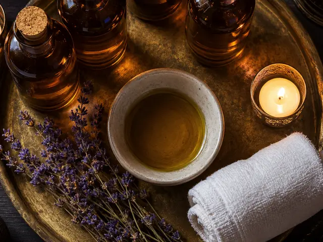 Pirinç tepside aromaterapi yağları, lavanta ve mum — Menderes, Masaj Salonun